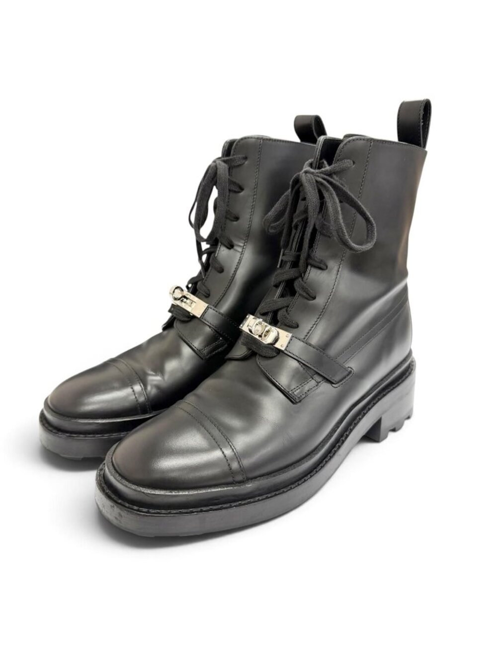 Hermes Funk Silver Kelly Buckle Lace-up Leather Ankle Boots Short Black